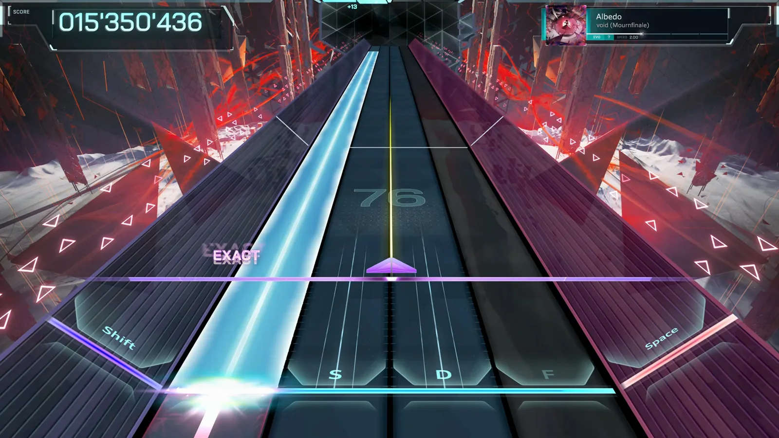 In Falsus tutorial frame of a Tap note reaching the bottom line of the A S D F keyboard lanes