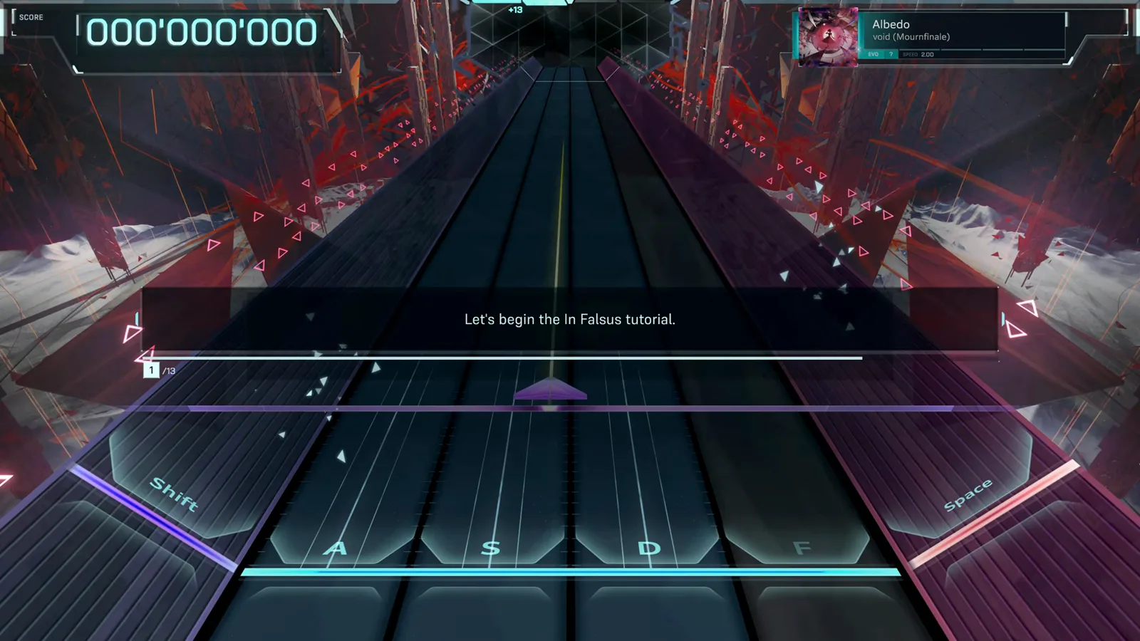 First screen of the In Falsus in-game tutorial on Albedo announcing the thirteen step lesson sequence First screen of the In Falsus in-game tutorial on Albedo announcing the thirteen step lesson sequence