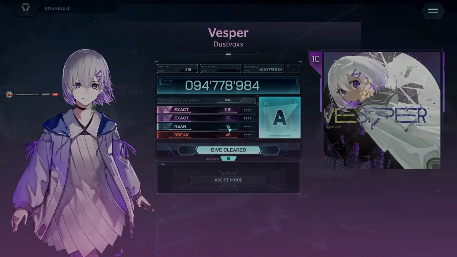 Vesper ULT 10 DIVE RESULT card in In Falsus: 094 778 984, EXACT 1119 + 76, NEAR 42, BREAK 46, ASSIST MODE badge