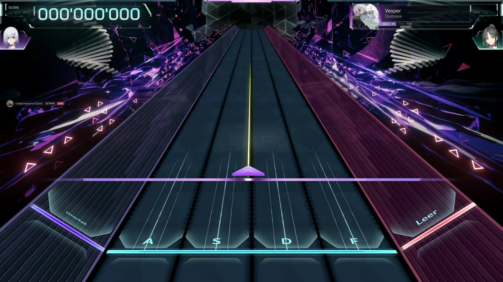 Empty six-lane In Falsus field at phase 0 of Vesper ULT 10, first triangle note touching the judgment line
