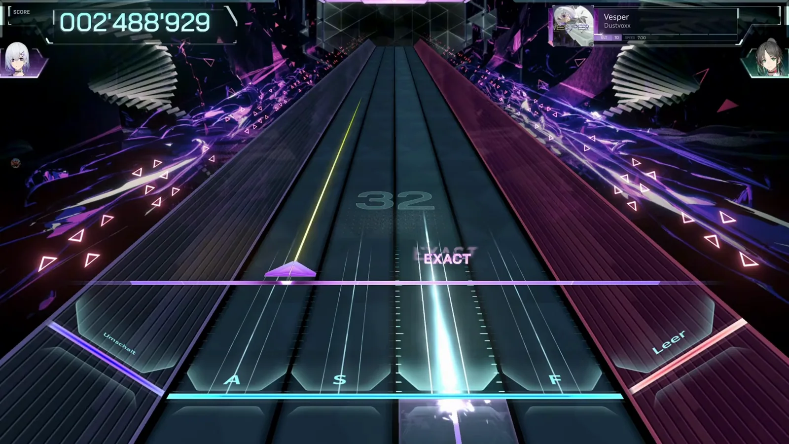 Chain counter at 32 with an EXACT label on a violet triangle in the opening of Vesper ULT 10, In Falsus, at 002 488 929