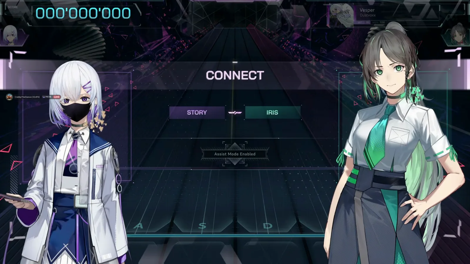 Partner select before the Vesper ULT 10 dive in In Falsus with STORY and IRIS panels and an Assist Mode Enabled tag