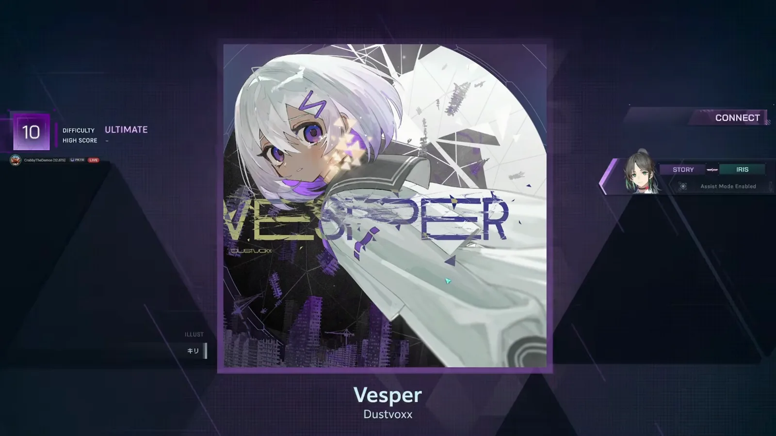 Vesper song select in In Falsus with a purple ULTIMATE 10 badge, empty HIGH SCORE row and the Dustvoxx jacket by Kiri