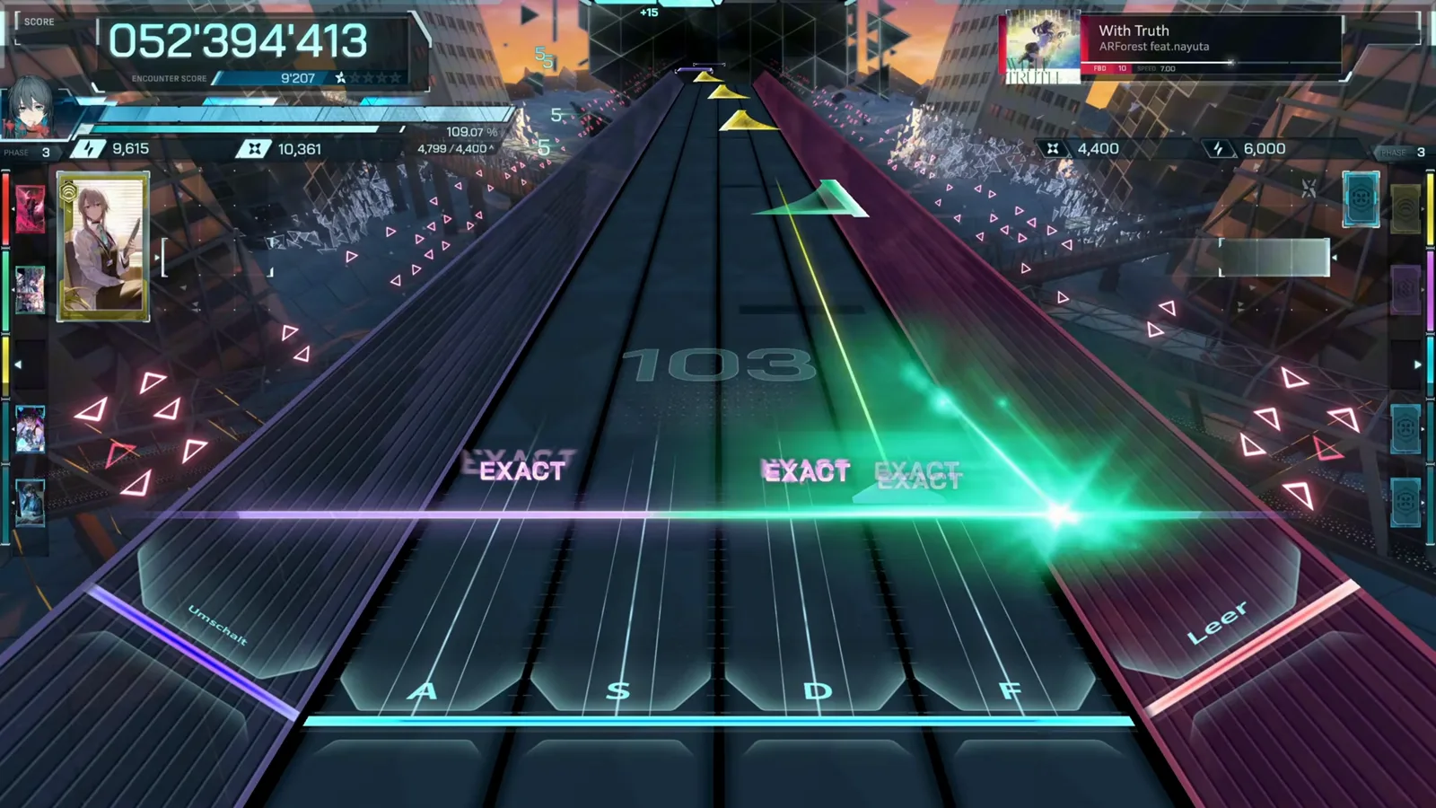 In Falsus With Truth FBD 10 at phase 3: a green diagonal beam cuts across combo 103 with the first encounter star lit In Falsus With Truth FBD 10 at phase 3: a green diagonal beam cuts across combo 103 with the first encounter star lit