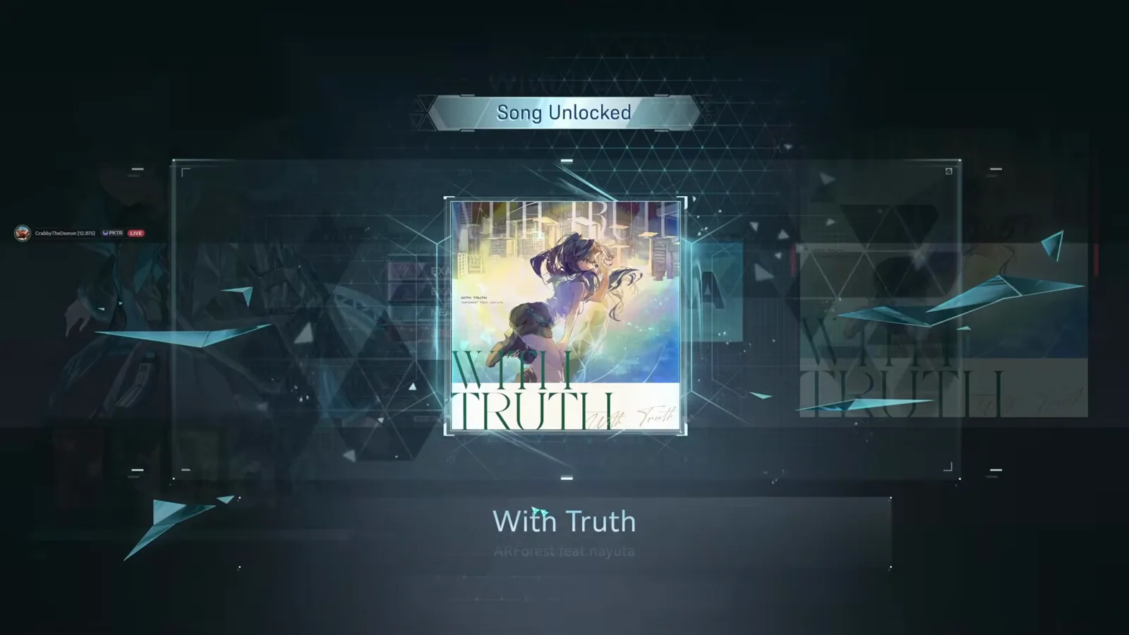 Song Unlocked screen in In Falsus reveals With Truth by ARForest feat. nayuta after the FBD 10 first clear Song Unlocked screen in In Falsus reveals With Truth by ARForest feat. nayuta after the FBD 10 first clear