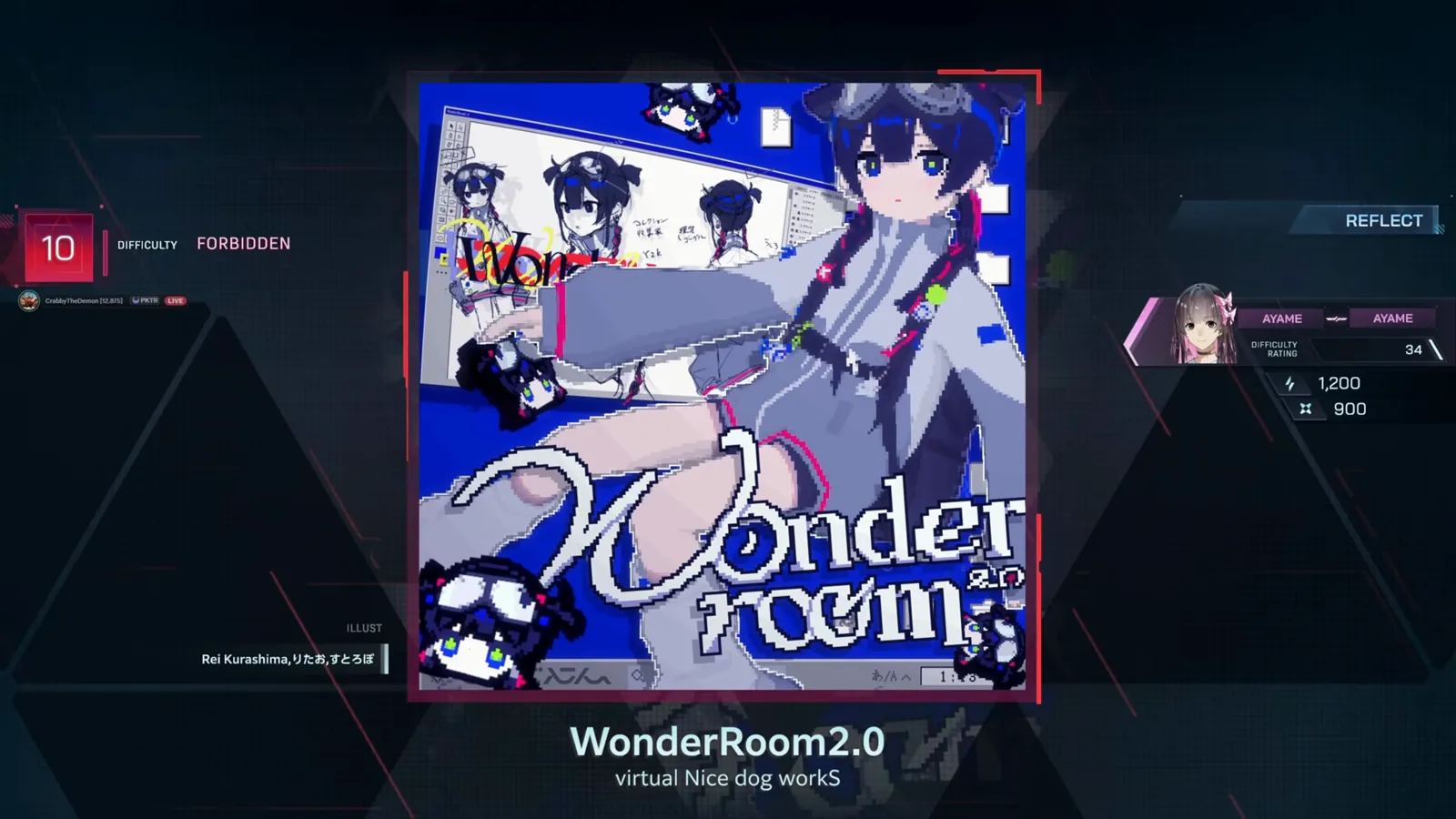 WonderRoom2.0 song select in In Falsus with the red FORBIDDEN 10 badge and the Ayame pairing at rating 34 WonderRoom2.0 song select in In Falsus with the red FORBIDDEN 10 badge and the Ayame pairing at rating 34