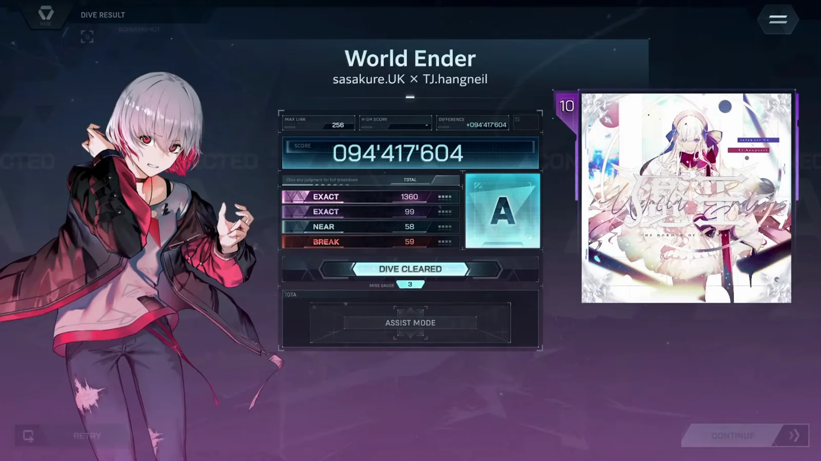 The In Falsus DIVE RESULT screen sums World Ender ULT 10 at 094 417 604 with rank A, MAX LINK 256 and EXACT 1360+99 The In Falsus DIVE RESULT screen sums World Ender ULT 10 at 094 417 604 with rank A, MAX LINK 256 and EXACT 1360+99