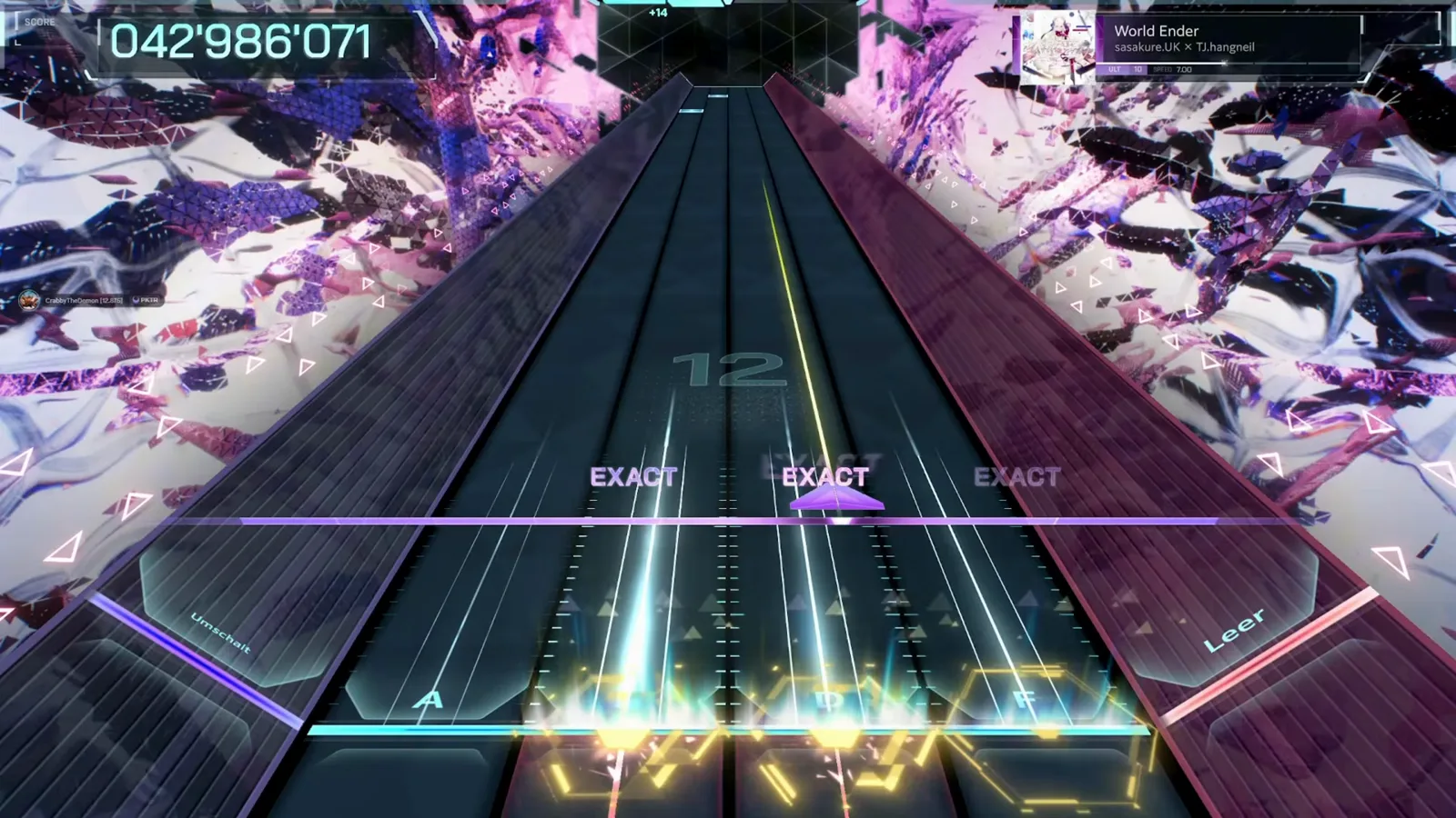 Gold hexagonal hold bursts ring the lanes under three EXACT labels at 042 986 071 in World Ender ULT 10, In Falsus Gold hexagonal hold bursts ring the lanes under three EXACT labels at 042 986 071 in World Ender ULT 10, In Falsus
