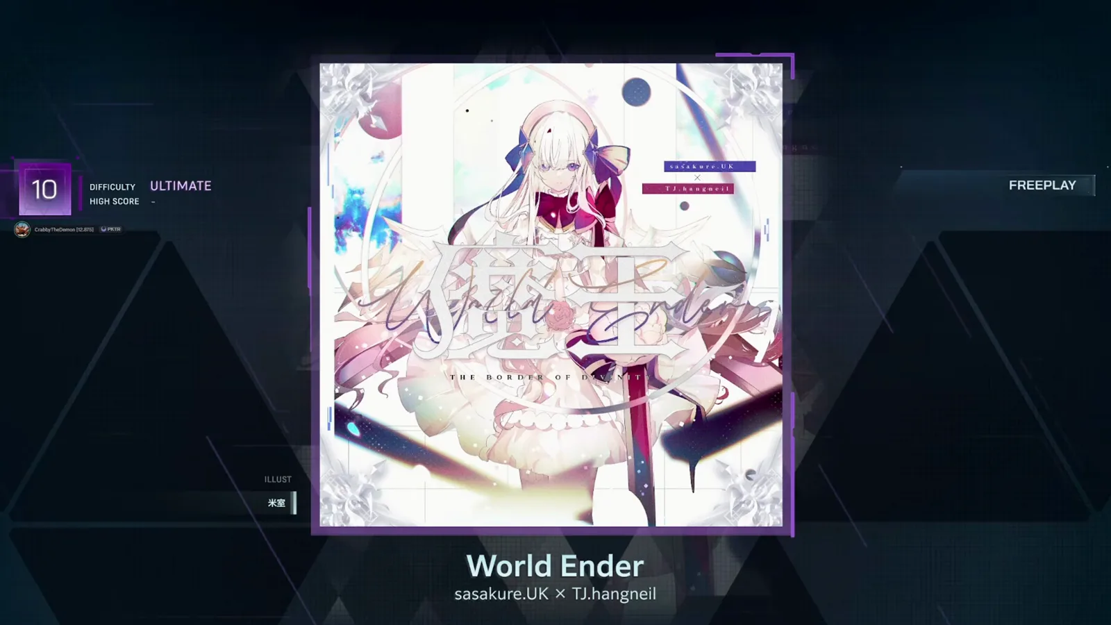 In Falsus song select shows World Ender by sasakure.UK × TJ.hangneil at ULTIMATE 10 with an empty HIGH SCORE row In Falsus song select shows World Ender by sasakure.UK × TJ.hangneil at ULTIMATE 10 with an empty HIGH SCORE row