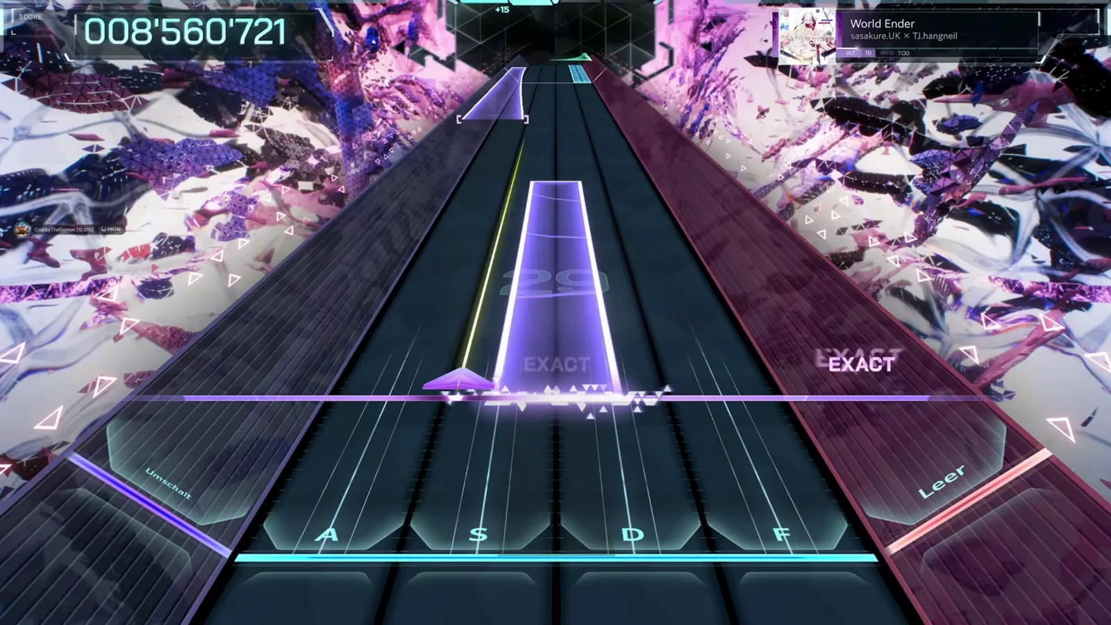 A violet slab takes paired EXACT hits at 008 560 721 while a +15 popup tracks the World Ender ULT 10 chain in In Falsus A violet slab takes paired EXACT hits at 008 560 721 while a +15 popup tracks the World Ender ULT 10 chain in In Falsus