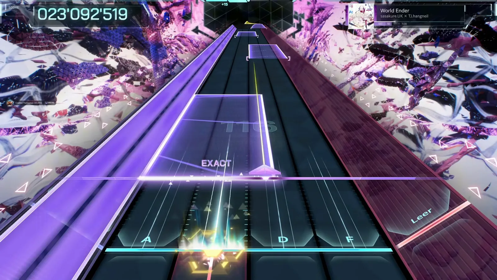 A wide slab and a left-rail long hold overlap at 023 092 519 in World Ender ULT 10, In Falsus, with the chain at 116 A wide slab and a left-rail long hold overlap at 023 092 519 in World Ender ULT 10, In Falsus, with the chain at 116