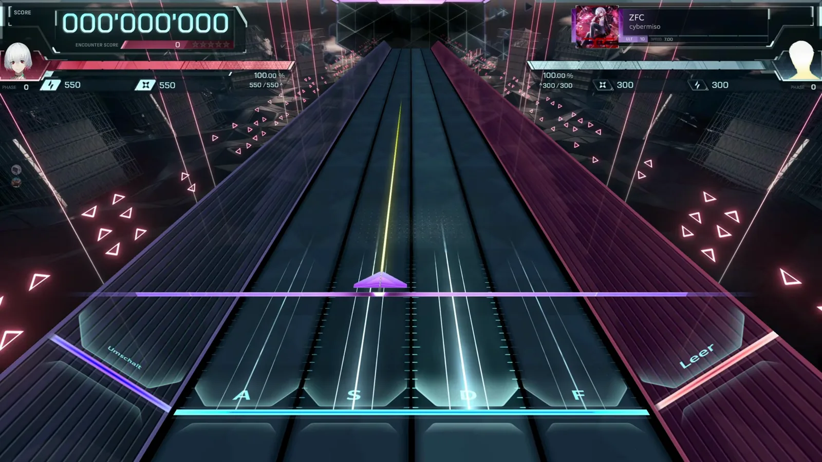 Two white hold lasers open ZFC ULT 10 in In Falsus on an empty field at score 000 000 000