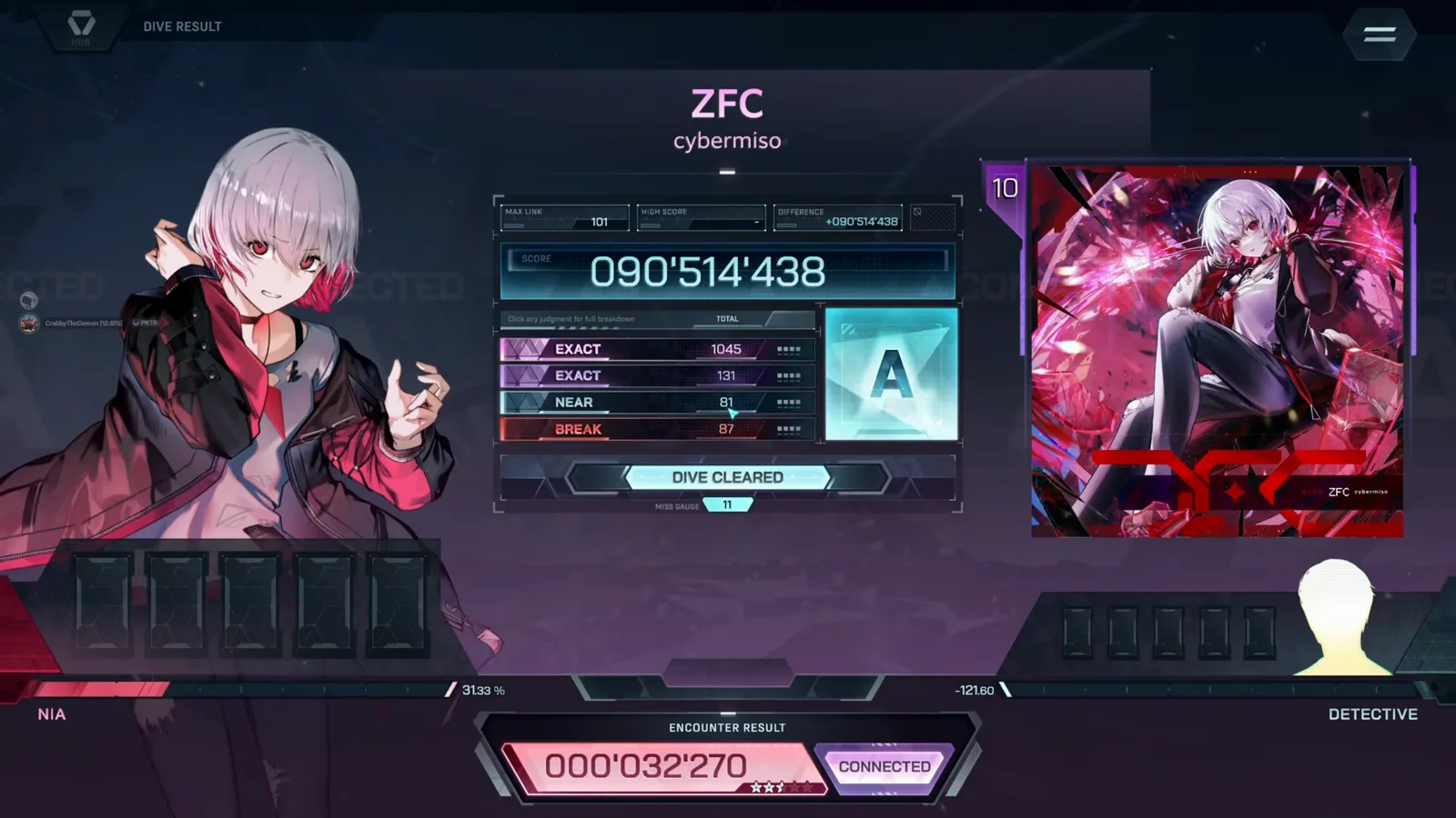 The ZFC ULT 10 dive result card in In Falsus shows grade A at 090 514 438 and a judgment tally summing to 1344 notes