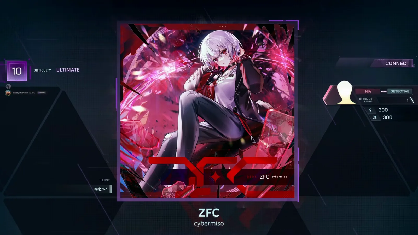 ZFC song select in In Falsus with the purple ULTIMATE 10 badge, the NIA versus DETECTIVE panel and the Umenoshito jacket art