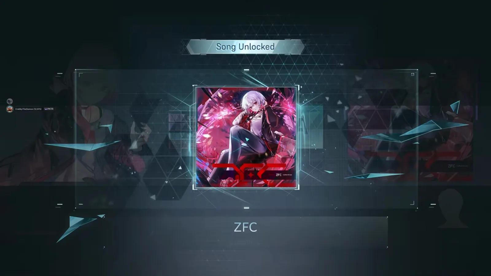 A Song Unlocked banner reveals the ZFC card after the ULT 10 clear in In Falsus